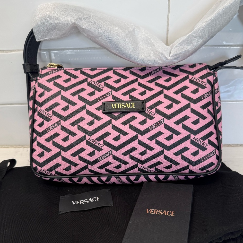 Versace La Greca Signature Shoulder Bag Pink Black Canvas Gold Metal Authentic - Picture 4 of 16